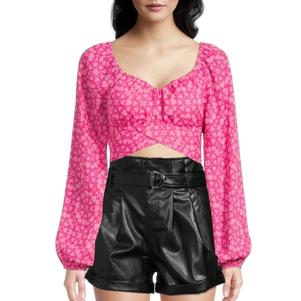 NWT Madden NYC Women's Juniors Cropped Tie-Back Blouson Sleeve Top Hearts Print